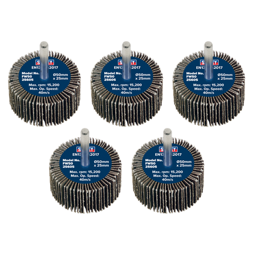 [FW5025605] Sealey 50 x 25mm Abrasive Flap Wheel on 6mm Shaft 60Grit - Pack of 5