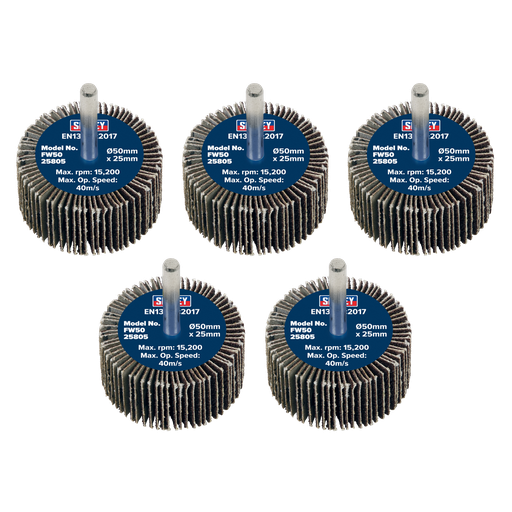 [FW5025805] Sealey 50 x 25mm Abrasive Flap Wheel on 6mm Shaft 80Grit - Pack of 5