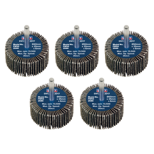 [FW5025ASS] Sealey 50 x 25mm Abrasive Flap Wheel on 6mm Shaft Assorted Grit - Pack of 5