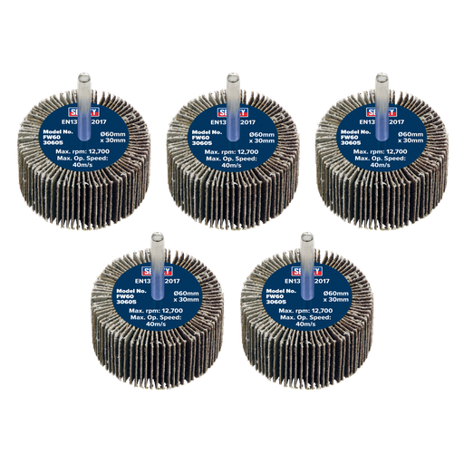 [FW6030605] Sealey 60 x 30mm Abrasive Flap Wheel on 6mm Shaft 60Grit - Pack of 5
