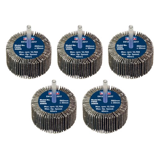 [FW6030805] Sealey 60 x 30mm Abrasive Flap Wheel on 6mm Shaft 80Grit - Pack of 5