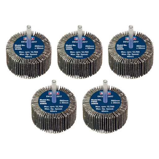 [FW6030ASS] Sealey 60 x 30mm Abrasive Flap Wheel on 6mm Shaft Assorted Grit - Pack of 5
