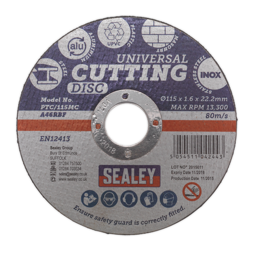 [PTC/115MC] Sealey 115 x 1.6mm Universal Cutting Disc 22mm Bore