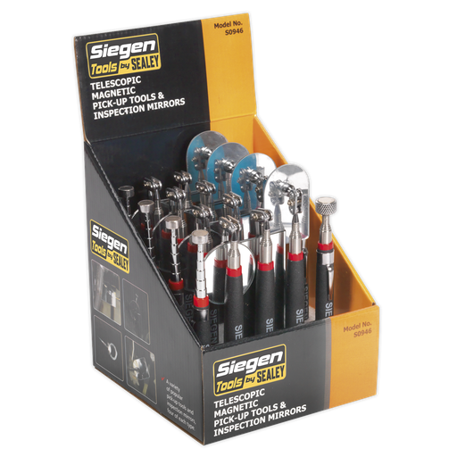 [S0946] Sealey Siegen Telescopic Magnetic Pick-Up Tools & Inspection Mirrors - Display Box of 20