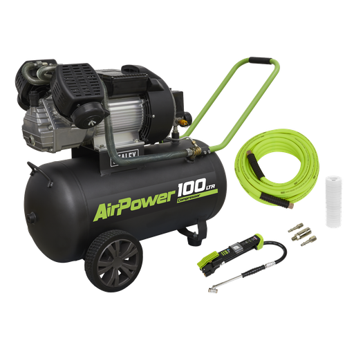 [SAC10030VEKIT] Sealey 100L Direct Drive V-Twin Air Compressor 3hp with Air Accessory Kit