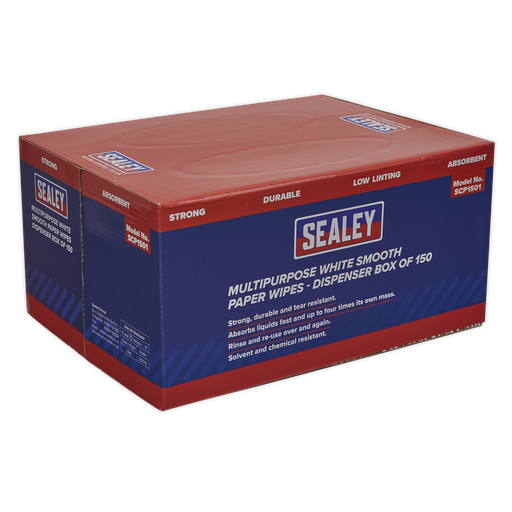[SCP1501] Sealey Multipurpose Smooth White Paper Wipes 73gsm - Dispenser Box of 150 Sheets