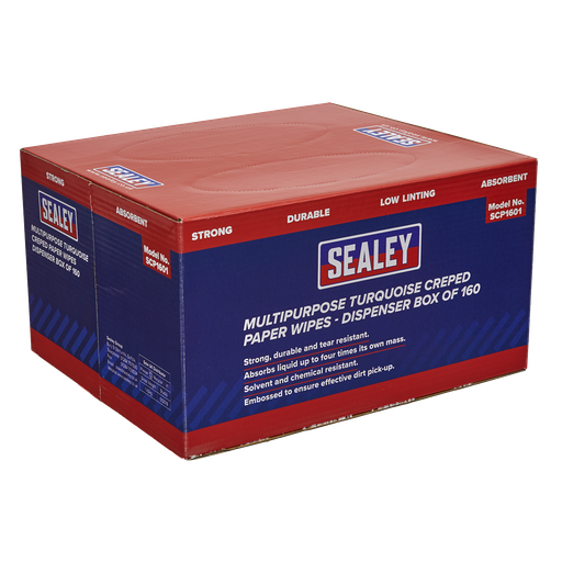 [SCP1601] Sealey Multipurpose Creped Turquoise Paper Wipes 60gsm - Dispenser Box of 160 Sheets
