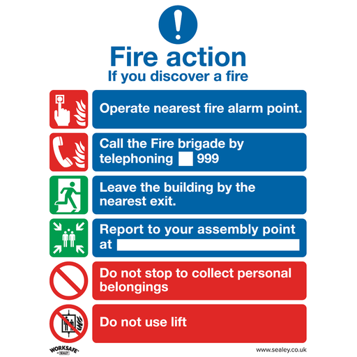 [SS19P10] Sealey Worksafe® Fire Action With Lift Safety Sign, Rigid Plasti