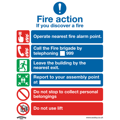 [SS19V1] Sealey Worksafe® Fire Action With Lift Safety Sign - Self-Adhesi