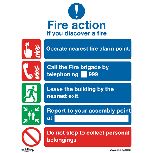 [SS20P10] Sealey Worksafe® Fire Action Without Lift Safety Sign, Rigid Pla