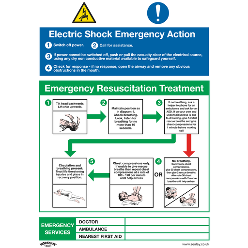 [SS33P1] Sealey Worksafe® Electric Shock Emergency Action Safety Sign - R