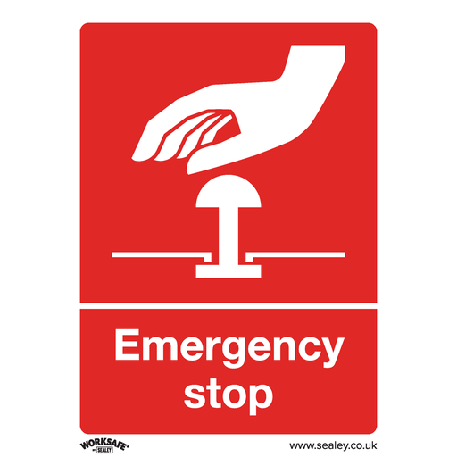 [SS35V10] Sealey Worksafe® Emergency Stop Safety Sign, Self-Adhesive Vinyl - Pack of 10