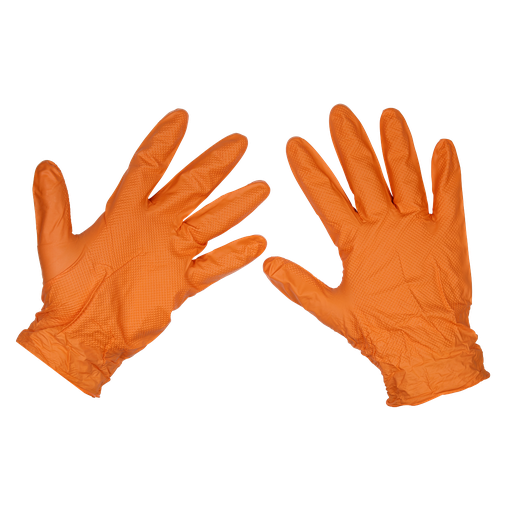 [SSP56XL] Sealey Diamond Grip Extra-Thick Nitrile Powder-Free Gloves, Orange, X-Large - Pack of 50