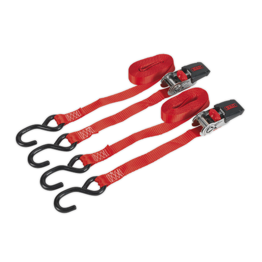 [TD284SD] Sealey Ratchet Straps Polyester Webbing with S-Hooks 25mm x 4m 800kg Breaking Strength - Pair