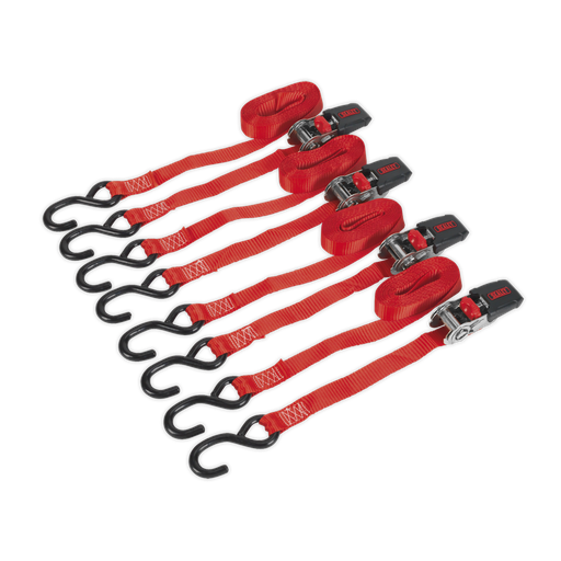 [TD484SD] Sealey Ratchet Strap Polyester Webbing with S-Hooks 25mm x 4m 800kg Breaking Strength - 2 Pairs