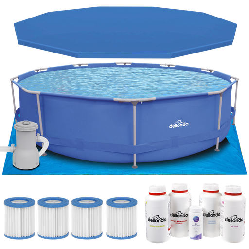 [DL138] Sealey Dellonda Steel Frame Round Swimming Pool & Filter Pump with Cover, Ground Sheet, Test Strips, Starter Kit & Filters 12ft - Blue