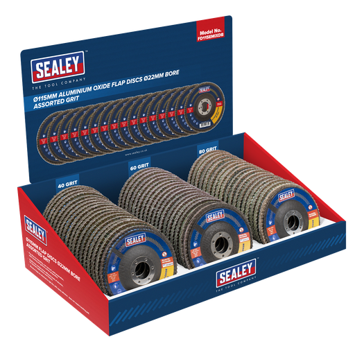 [FD115EMIXDB] Sealey Assorted Grit Flap Discs Aluminium Oxide 115mm 22mm Bore - Display Box of 60