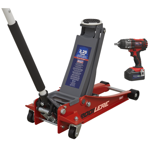 [2001LERECOMBO] Sealey Trolley Jack & Cordless Impact Wrench Combo - Red