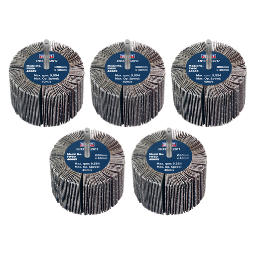 [FW8040605] Sealey 80 x 40mm Abrasive Flap Wheel on 6mm Shaft 60Grit - Pack of 5