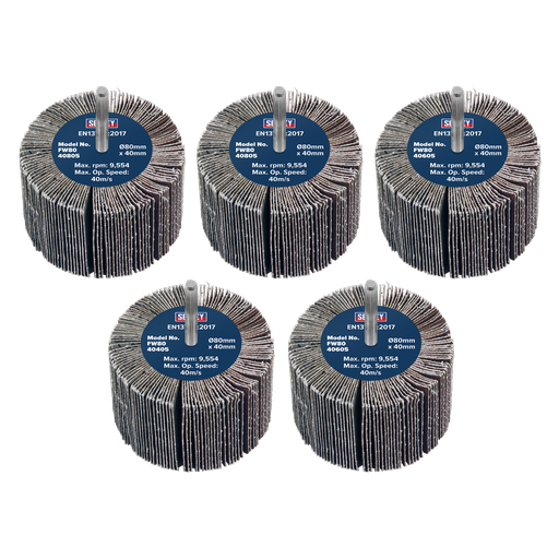 [FW8040ASS] Sealey 80 x 40mm Abrasive Flap Wheel on 6mm Shaft Assorted Grit - Pack of 5