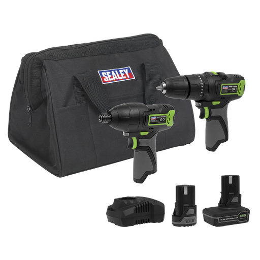 [CP108VCOMBO3EU] Sealey 2 x SV10.8 Series Cordless Combi Drill & Impact Driver Kit 10.8V - 2 Batteries & Euro Plug