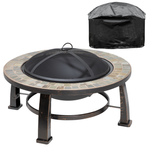 [DG240] Dellonda 30" Deluxe Traditional Style Fire Pit, Fireplace, Outdoor Heater with Fire Poker , Safety Mesh Screen & Drawstring Cover - Slate Top