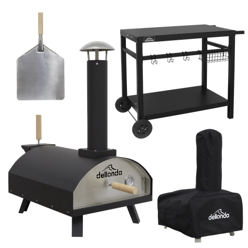 [DG258] Dellonda Wood-Fired Pizza Oven, Pizza Peel, Cover & Plancha Trolley 14" - Black