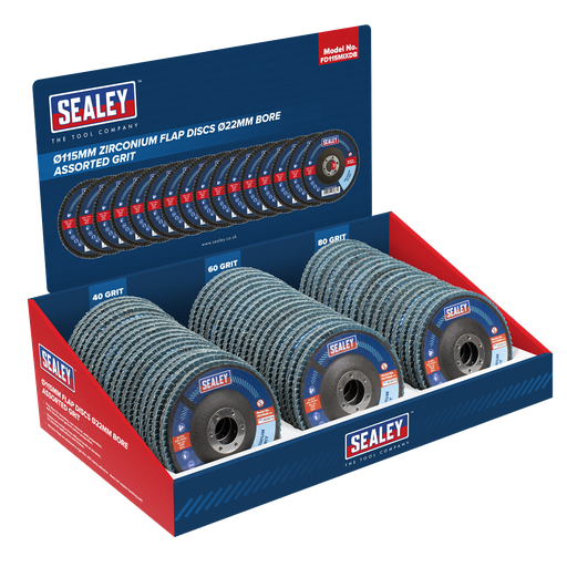 [FD115MIXDB] Sealey Assorted Grit Flap Discs Zirconium Ø115mm Ø22mm Bore - Display Box of 60