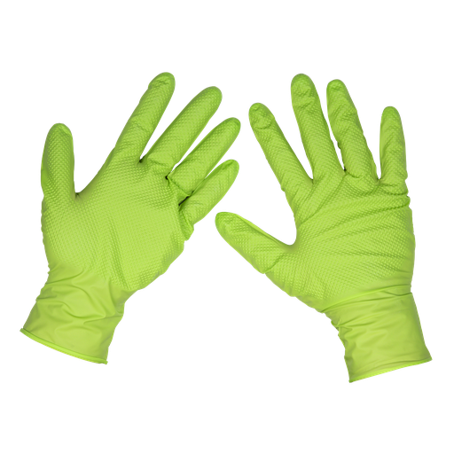 [SSP54L] Sealey Diamond Grip Extra-Thick Nitrile Powder-Free Gloves, Hi-Vis Green, Large - Pack of 50