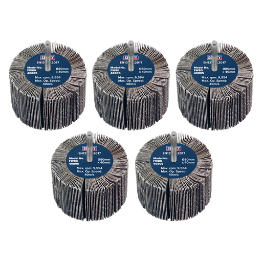 [FW8040805] Sealey 80 x 40mm Abrasive Flap Wheel on 6mm Shaft 80Grit - Pack of 5