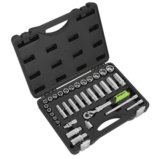 [S01287] Sealey Siegen Extendable Ratchet Socket Set 3/8"Sq Drive 34pc