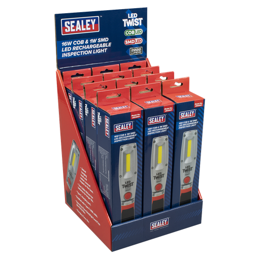 [LED2001DB] Sealey LED Twist Rechargeable Inspection Light 16W COB & 1W SMD - Display Box of 12