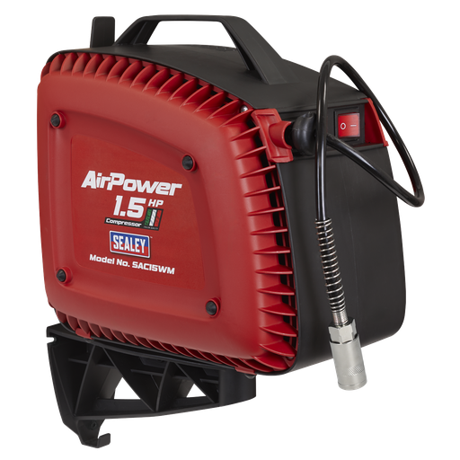 [SAC15WM] Sealey Wall Mounting Oil Free Air Compressor 1.5hp with 7m Retractable Hose Reel