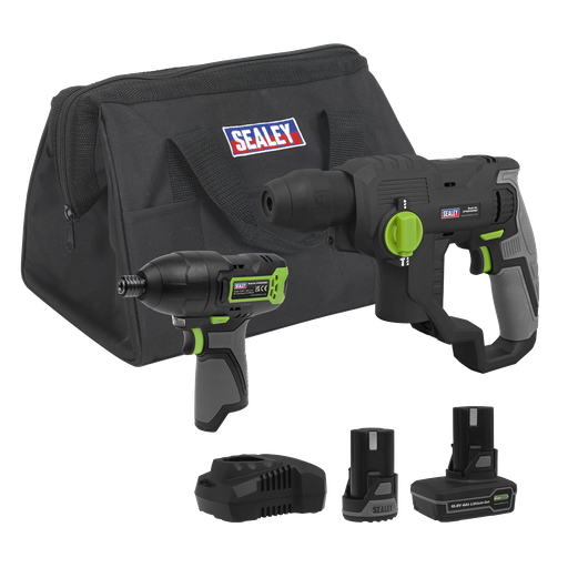 [CP108VCOMBO4EU] Sealey 2 x SV10.8 Series Cordless Rotary Hammer Drill & Impact Driver Kit 10.8V - 2 Batteries & Euro Plug