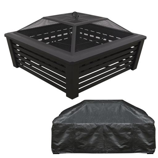 [DG238] Dellonda 89cm Square Outdoor Fire Pit, Mesh Screen Lid, Black with Water-Resistant Drawstring Cover