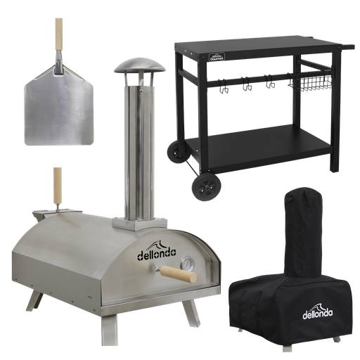 [DG259] Dellonda Wood-Fired Pizza Oven, Pizza Peel, Cover & Plancha Trolley 14" - Stainless Steel